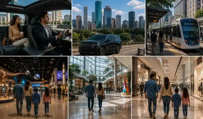 Getting around Houston's indoor attractions by private car, METRORail, and walking between museums, malls, and venues.